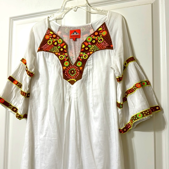 PIA PAURO‎ Cotton Colorful Embroidered Bell Sleeve Dress, Size Small - Picture 2 of 13